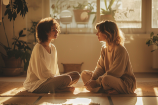 Una mujer con una camisa azul está parada frente a una escultura.
